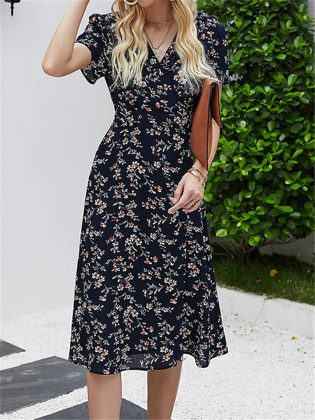 Casual Dress Wrap Dress A Line Dress Floral Ditsy Floral Lace up Print V Neck Midi Dress Fashion Streetwear Outdoor Daily Short Sleeve Regular Fit Red Navy Blue Summer Spring S M L XL for Women
