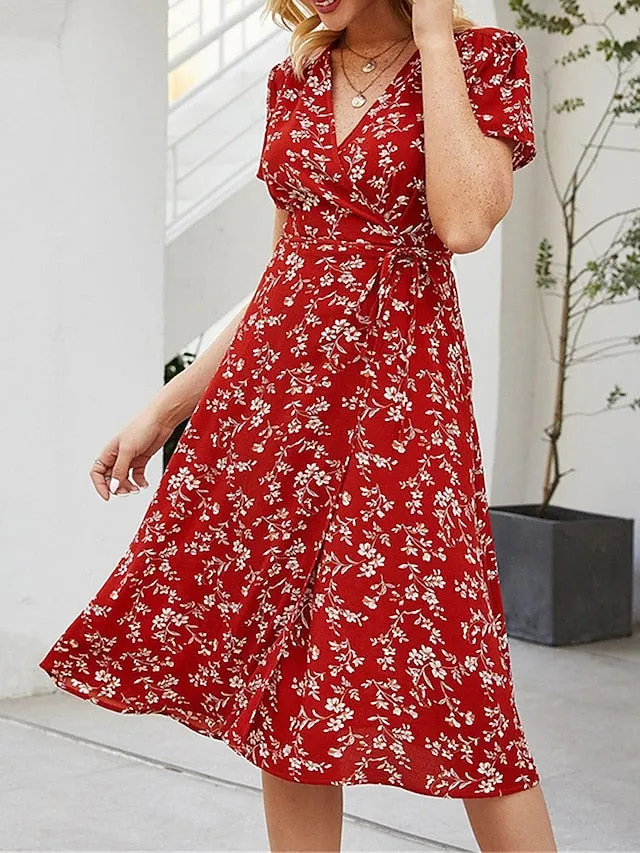 Casual Dress Wrap Dress A Line Dress Floral Ditsy Floral Lace up Print V Neck Midi Dress Fashion Streetwear Outdoor Daily Short Sleeve Regular Fit Red Navy Blue Summer Spring S M L XL for Women