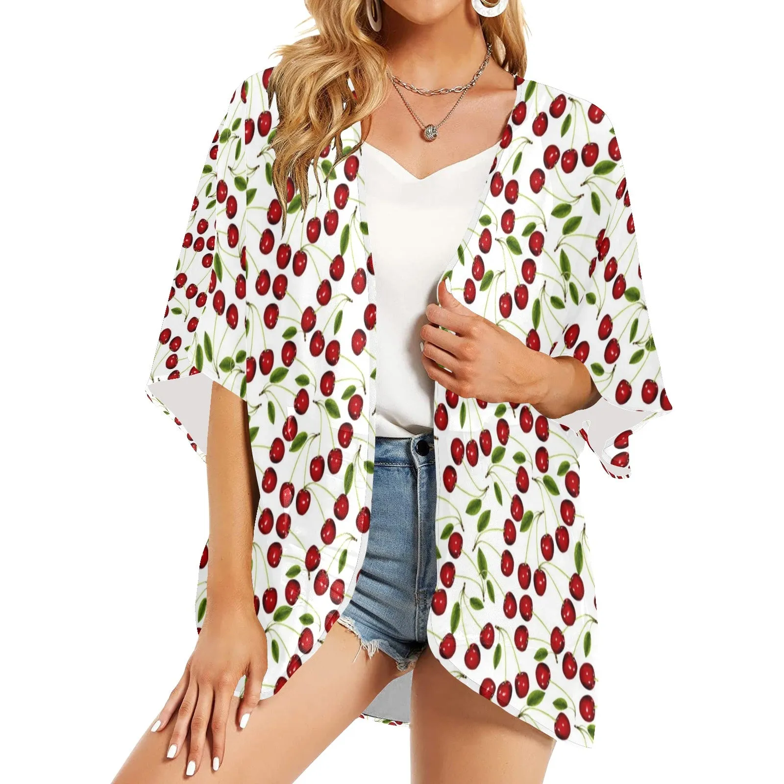 cherr bomb 4 Women's Kimono Chiffon Cover Up (Model H51)