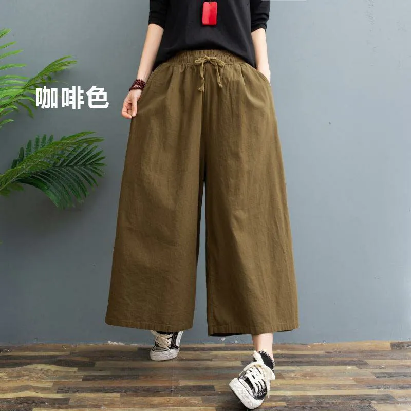 Cotton Blend Wide Leg Pants Women Summer Thin Plus Size Loose Line Three Quarter Casual Culottes