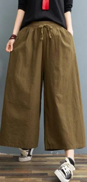 Cotton Blend Wide Leg Pants Women Summer Thin Plus Size Loose Line Three Quarter Casual Culottes