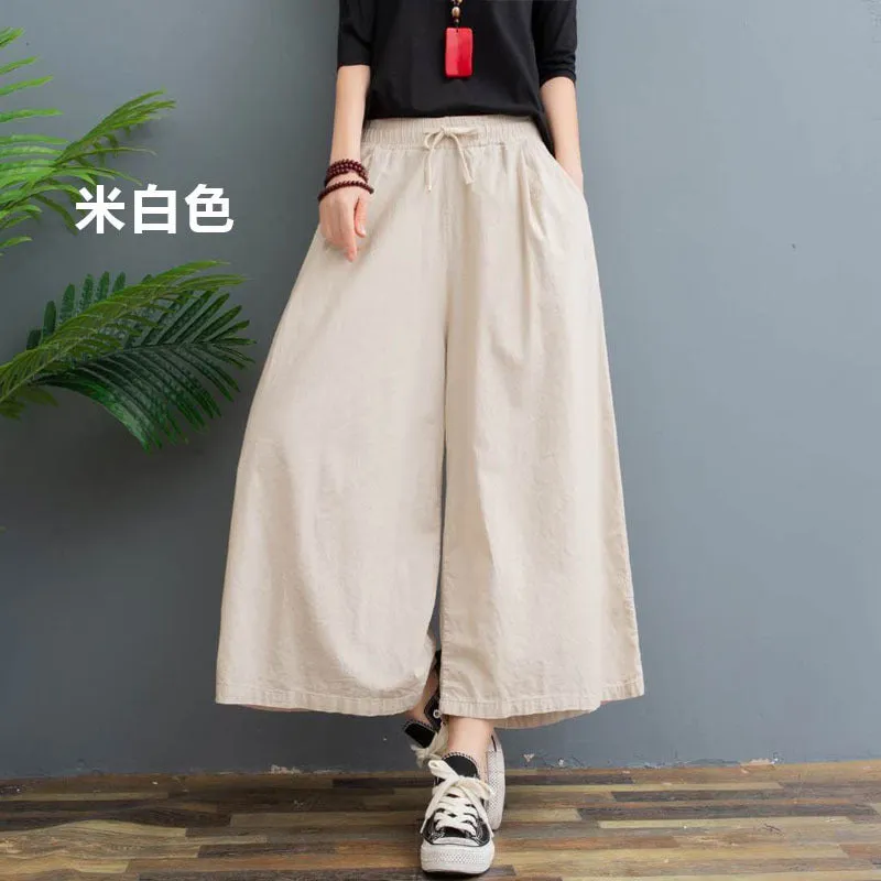 Cotton Blend Wide Leg Pants Women Summer Thin Plus Size Loose Line Three Quarter Casual Culottes