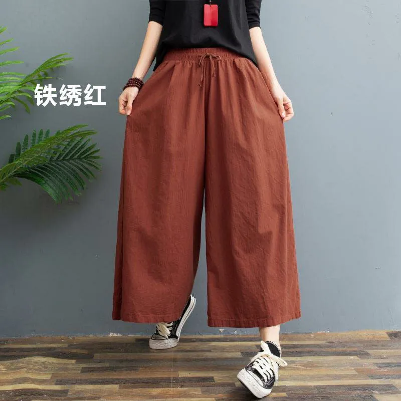 Cotton Blend Wide Leg Pants Women Summer Thin Plus Size Loose Line Three Quarter Casual Culottes