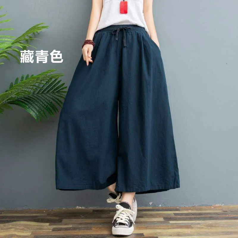 Cotton Blend Wide Leg Pants Women Summer Thin Plus Size Loose Line Three Quarter Casual Culottes
