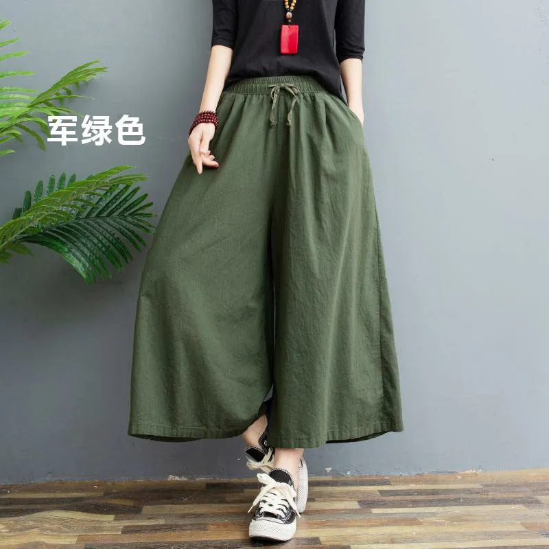 Cotton Blend Wide Leg Pants Women Summer Thin Plus Size Loose Line Three Quarter Casual Culottes