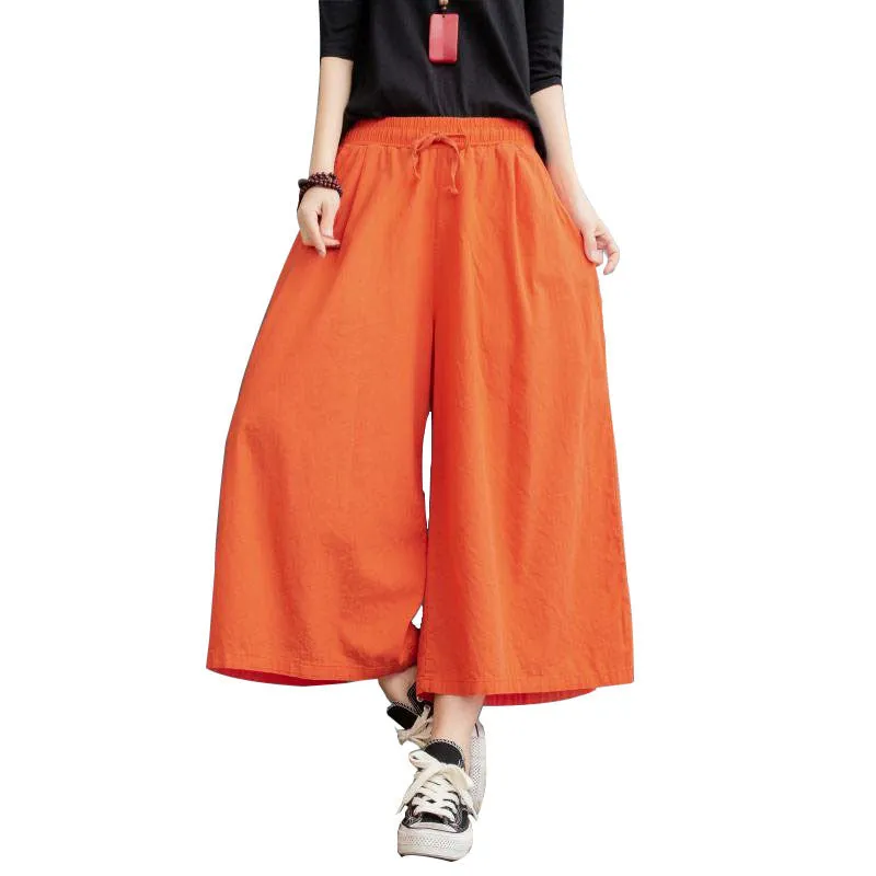Cotton Blend Wide Leg Pants Women Summer Thin Plus Size Loose Line Three Quarter Casual Culottes