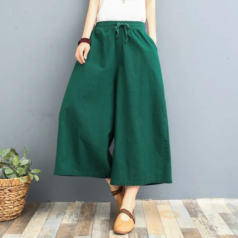 Cotton Blend Wide Leg Pants Women Summer Thin Plus Size Loose Line Three Quarter Casual Culottes