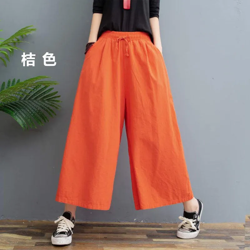 Cotton Blend Wide Leg Pants Women Summer Thin Plus Size Loose Line Three Quarter Casual Culottes
