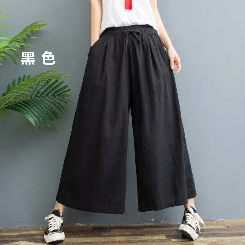 Cotton Blend Wide Leg Pants Women Summer Thin Plus Size Loose Line Three Quarter Casual Culottes