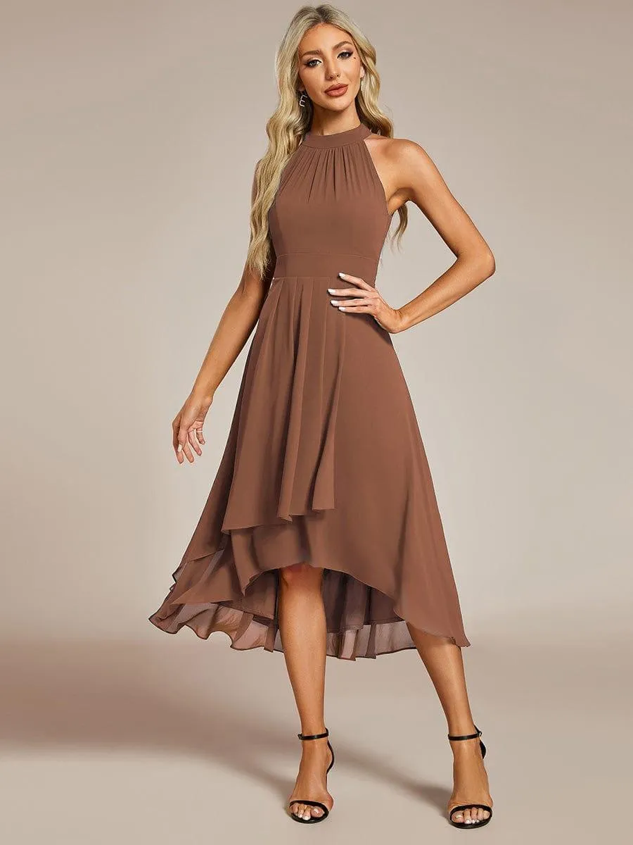 Custom Size Midi A Line Sleeveless Halter Neck Wedding Guest Dress in Chiffon