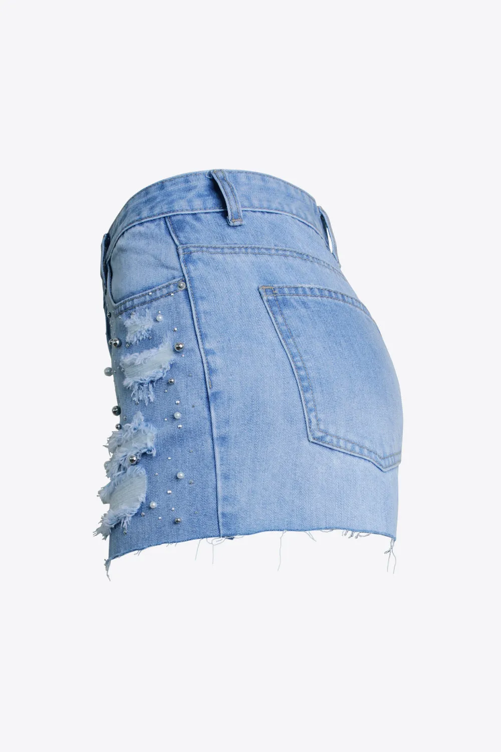 Distressed Bead Denim Shorts - Full Size