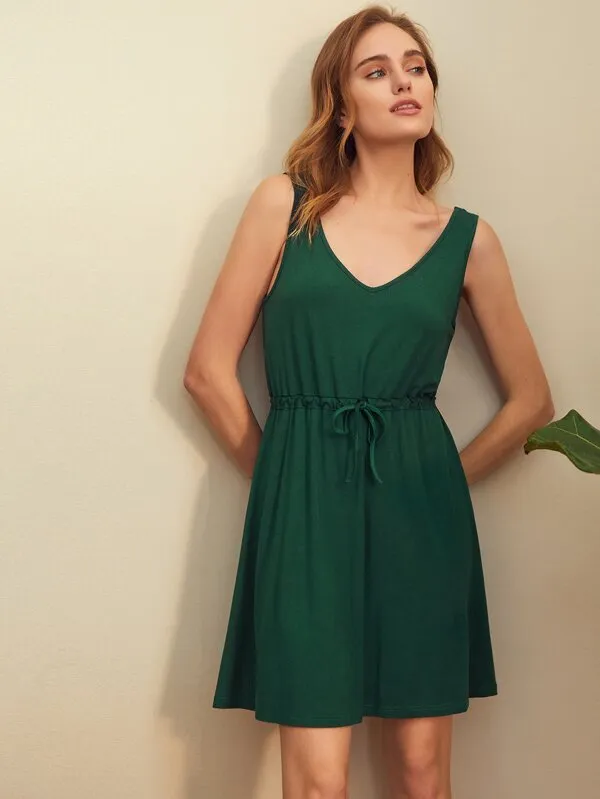 Drawstring Waist Solid Tank Dress