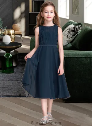 Edith A-Line Scoop Neck Tea-Length Chiffon Junior Bridesmaid Dress With Ruffle BF2P0013362