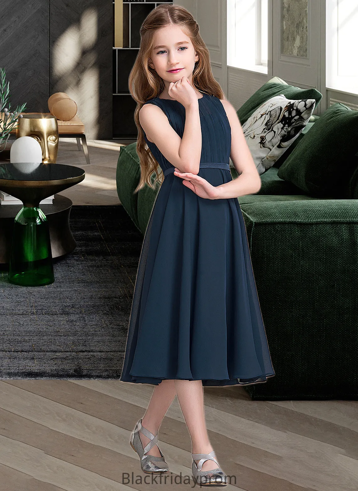 Edith A-Line Scoop Neck Tea-Length Chiffon Junior Bridesmaid Dress With Ruffle BF2P0013362
