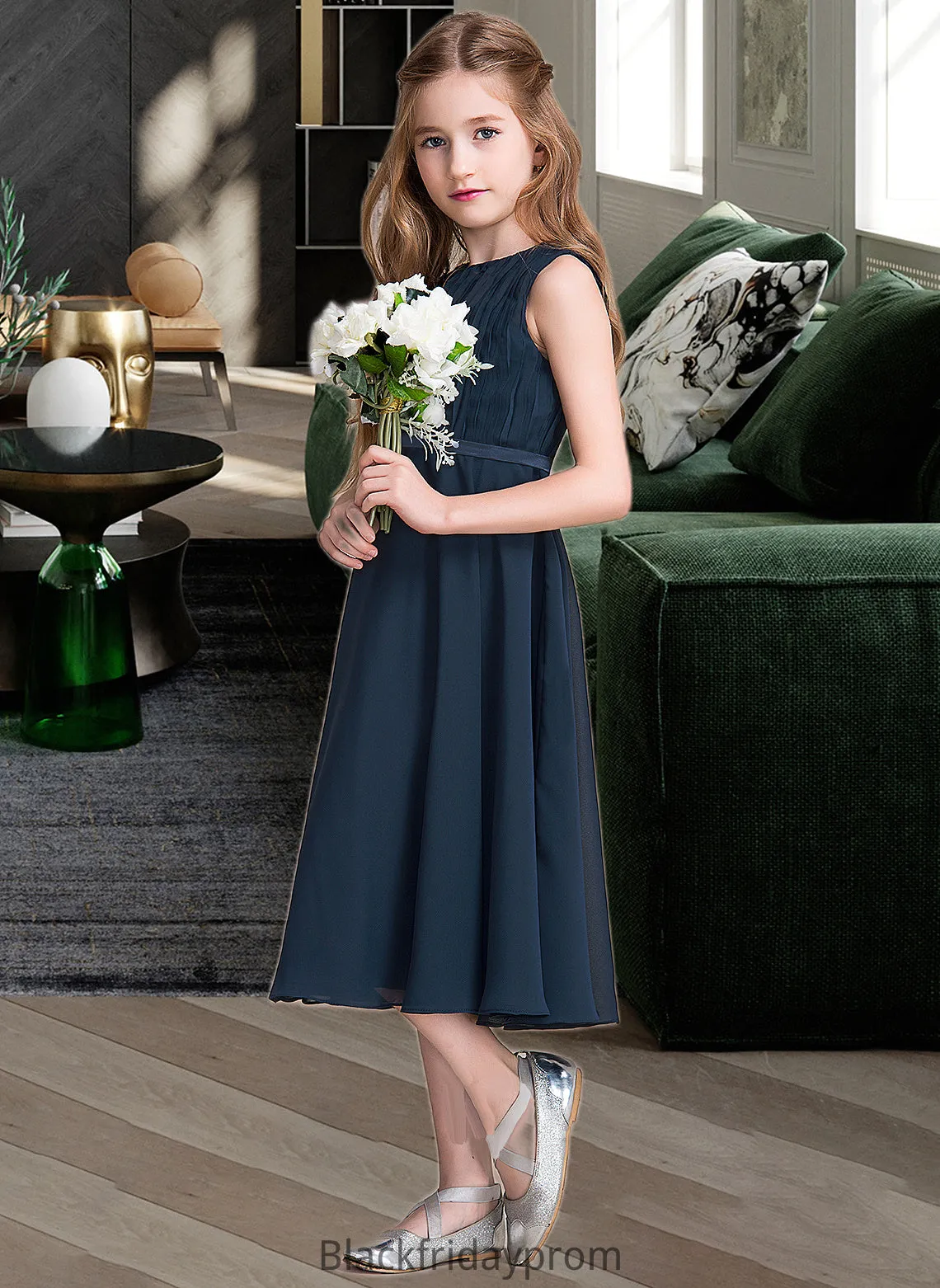 Edith A-Line Scoop Neck Tea-Length Chiffon Junior Bridesmaid Dress With Ruffle BF2P0013362