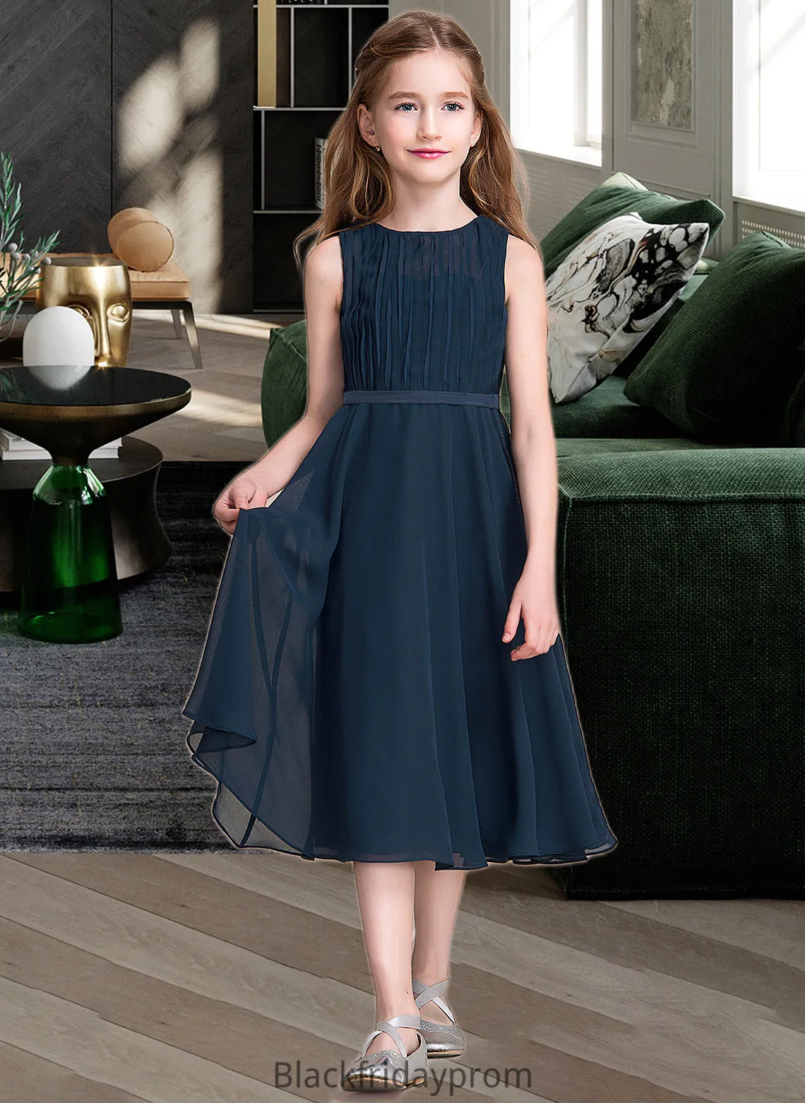 Edith A-Line Scoop Neck Tea-Length Chiffon Junior Bridesmaid Dress With Ruffle BF2P0013362