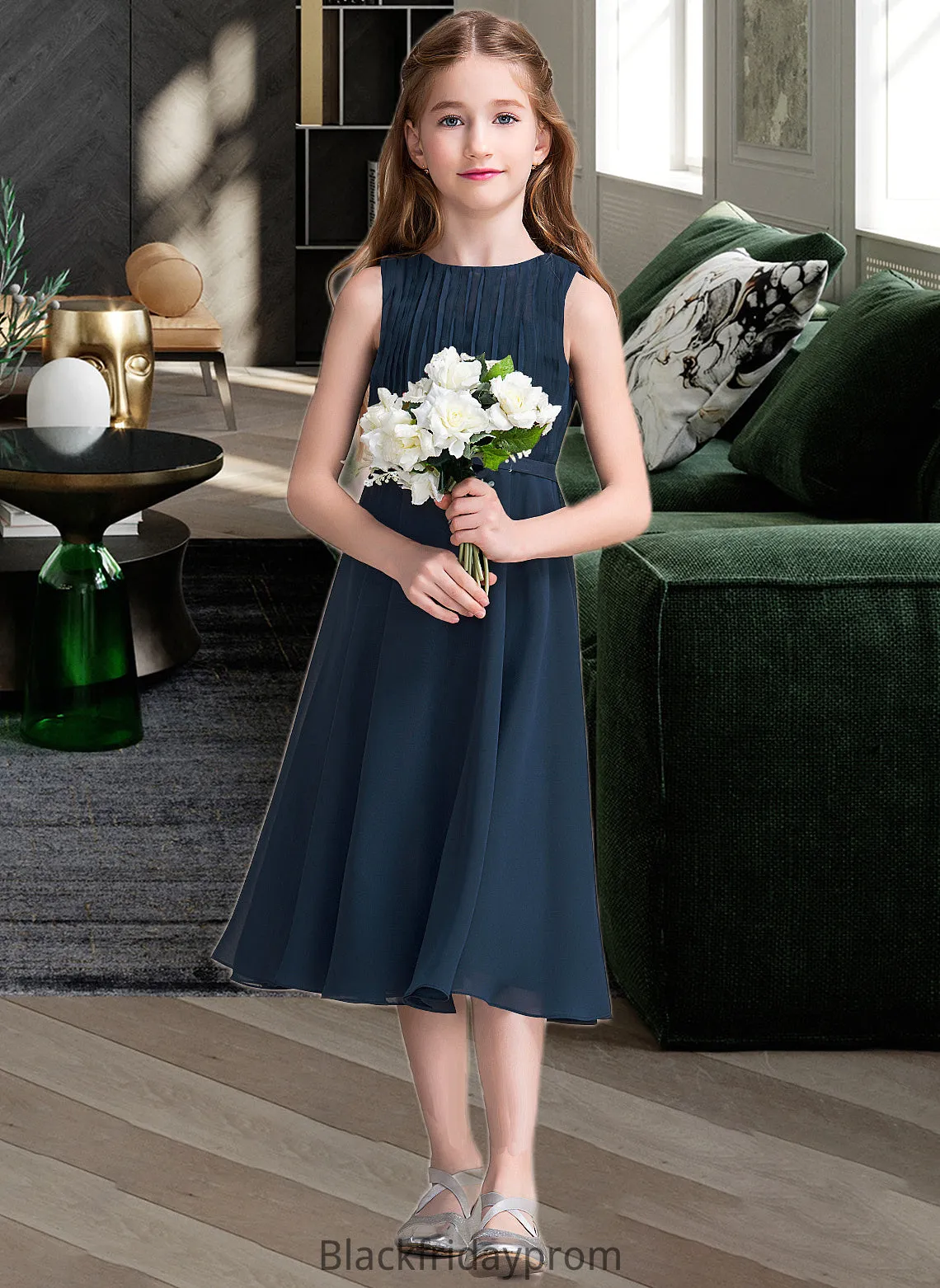 Edith A-Line Scoop Neck Tea-Length Chiffon Junior Bridesmaid Dress With Ruffle BF2P0013362