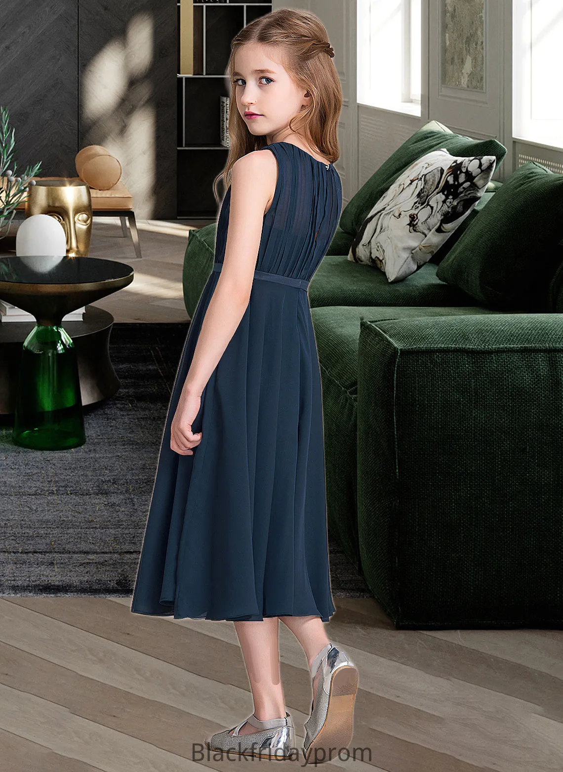Edith A-Line Scoop Neck Tea-Length Chiffon Junior Bridesmaid Dress With Ruffle BF2P0013362