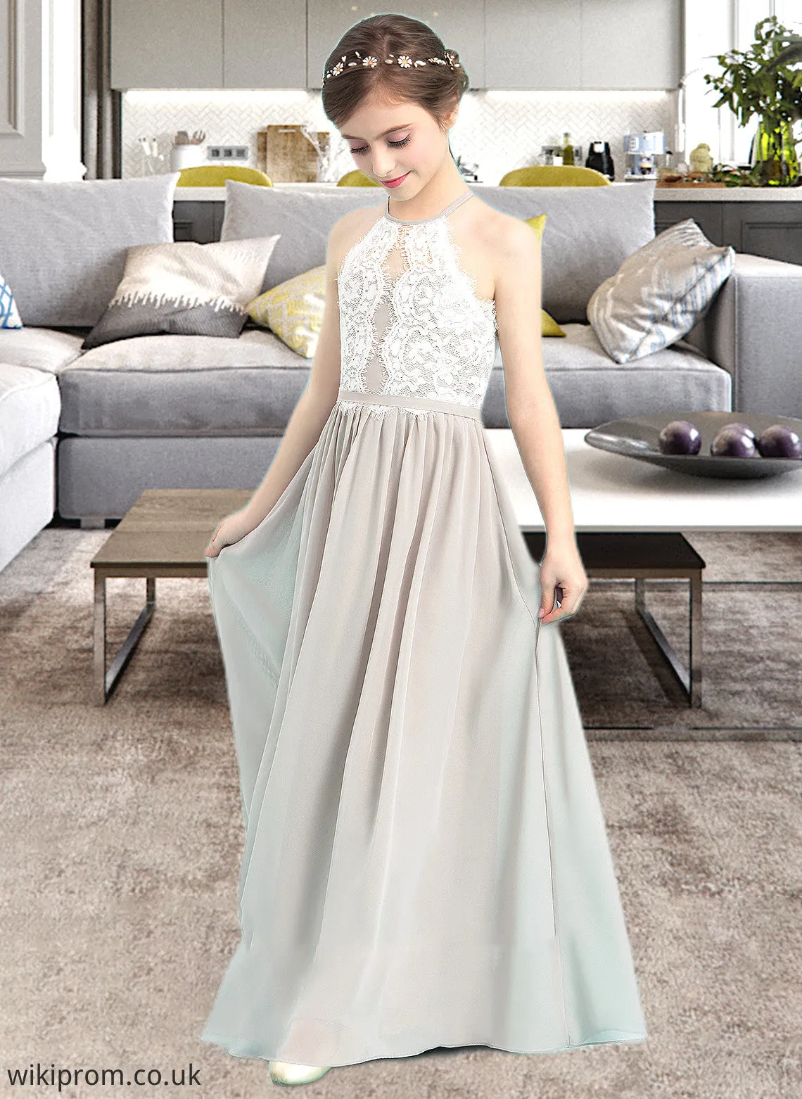 Elliana A-Line Scoop Neck Floor-Length Chiffon Junior Bridesmaid Dress SWKP0013463