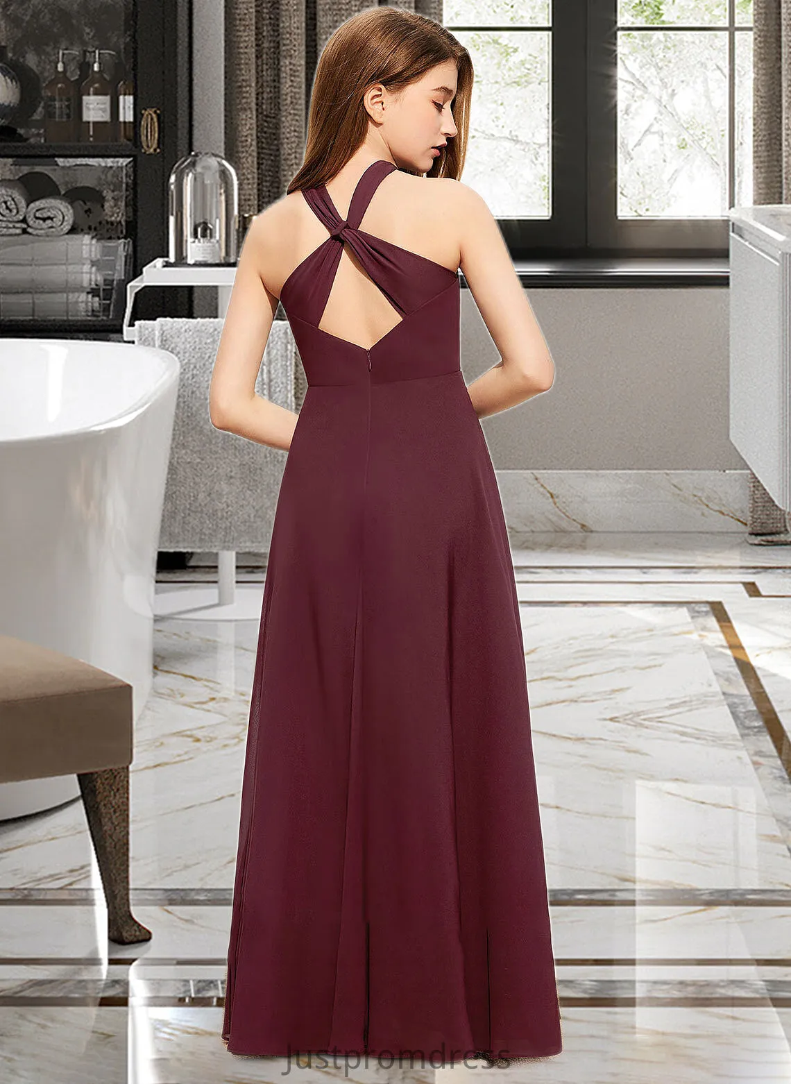 Elliana A-Line V-neck Floor-Length Chiffon Junior Bridesmaid Dress With Ruffle HHP0013468