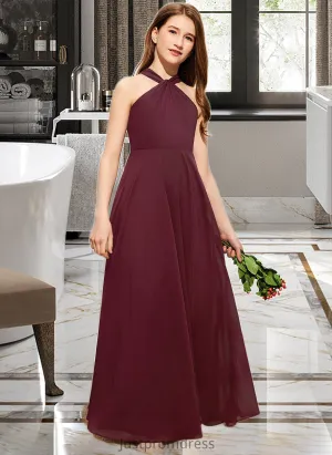 Elliana A-Line V-neck Floor-Length Chiffon Junior Bridesmaid Dress With Ruffle HHP0013468
