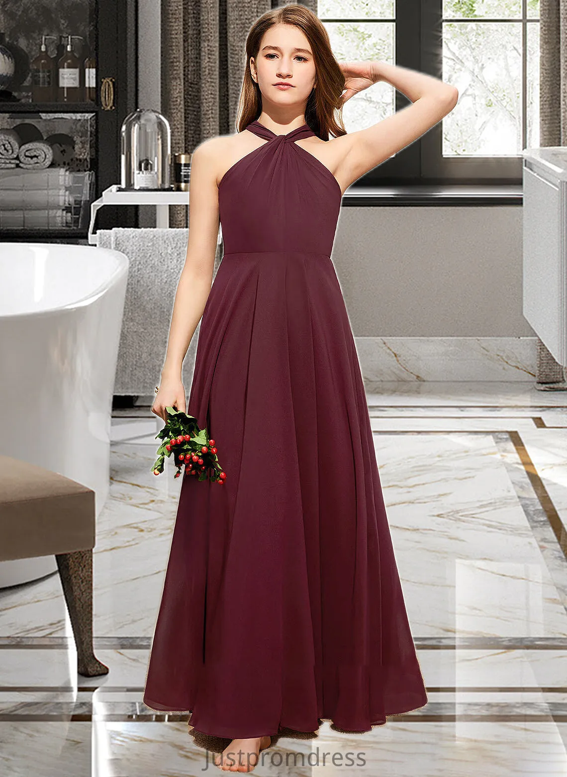 Elliana A-Line V-neck Floor-Length Chiffon Junior Bridesmaid Dress With Ruffle HHP0013468