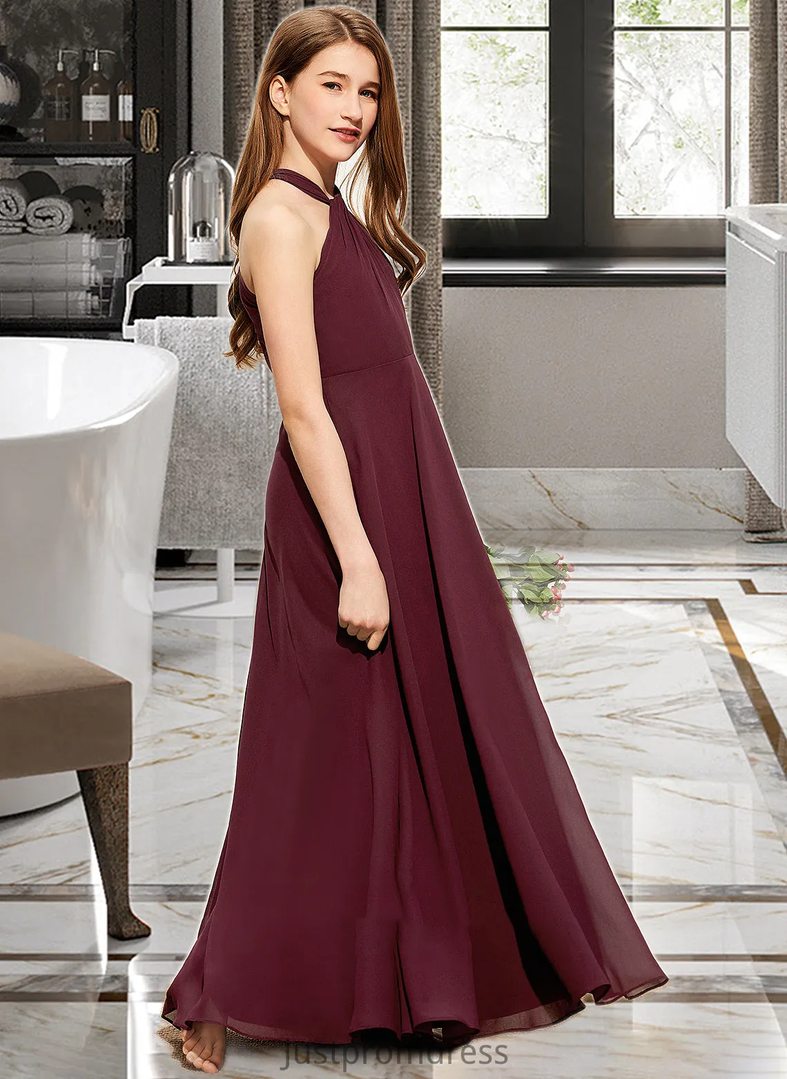 Elliana A-Line V-neck Floor-Length Chiffon Junior Bridesmaid Dress With Ruffle HHP0013468