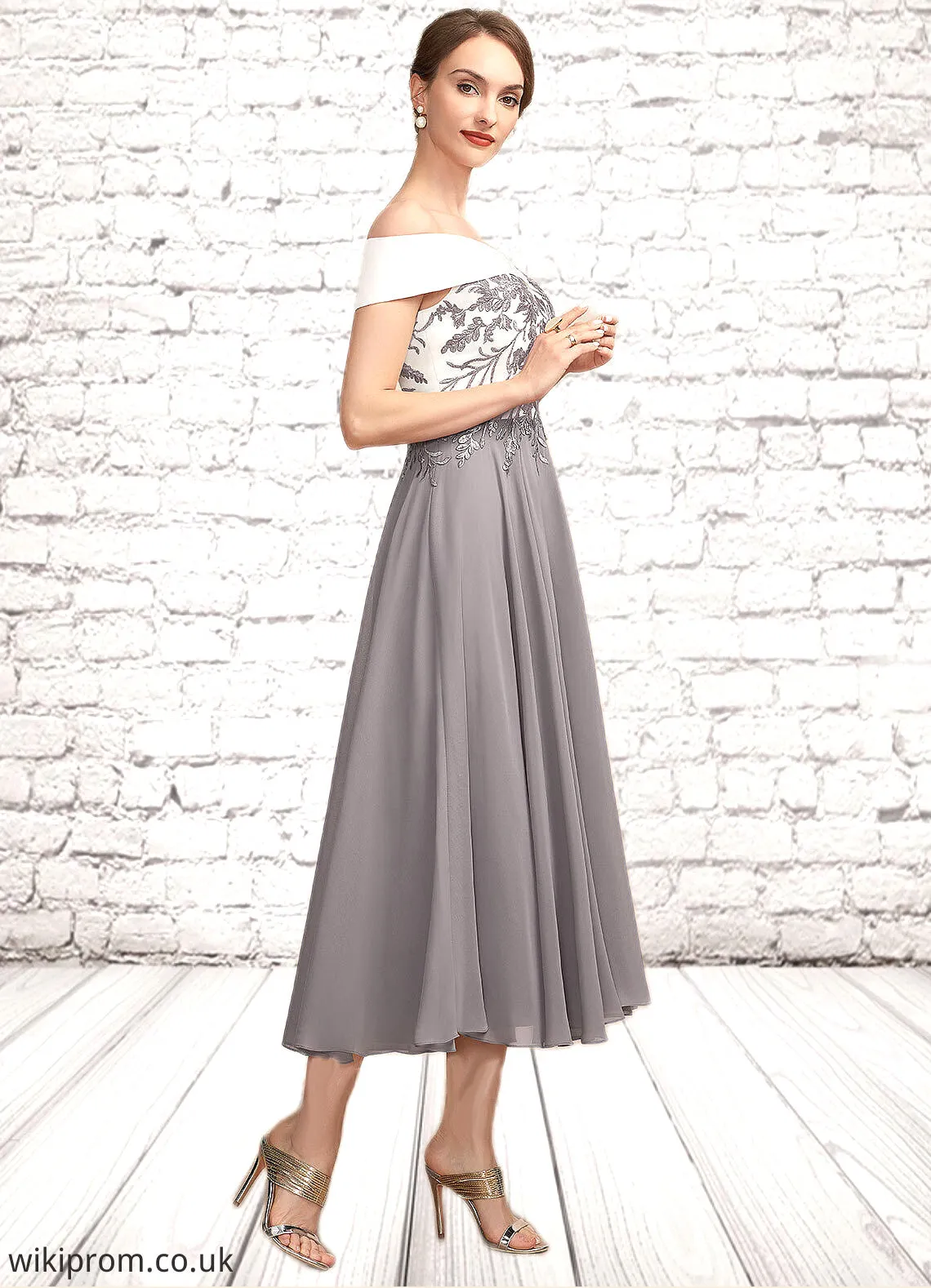 Esther A-Line Off-the-Shoulder Tea-Length Chiffon Lace Mother of the Bride Dress SWK126P0014680