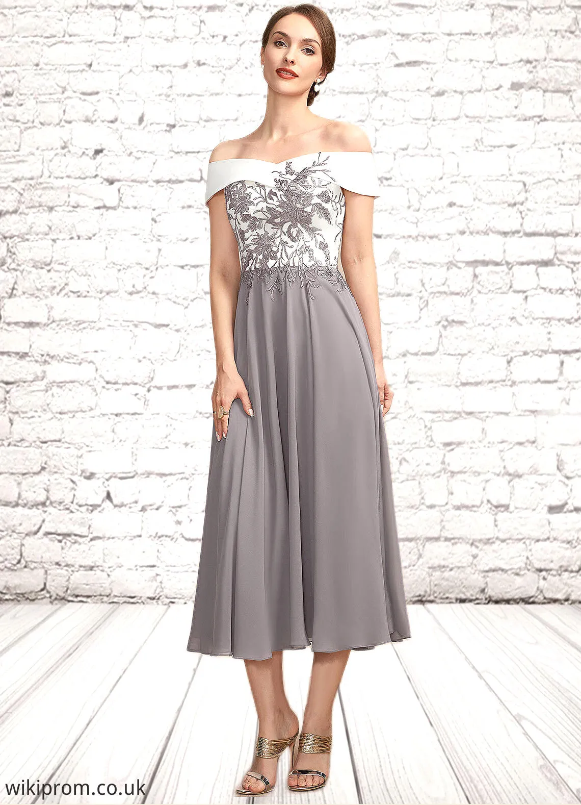 Esther A-Line Off-the-Shoulder Tea-Length Chiffon Lace Mother of the Bride Dress SWK126P0014680
