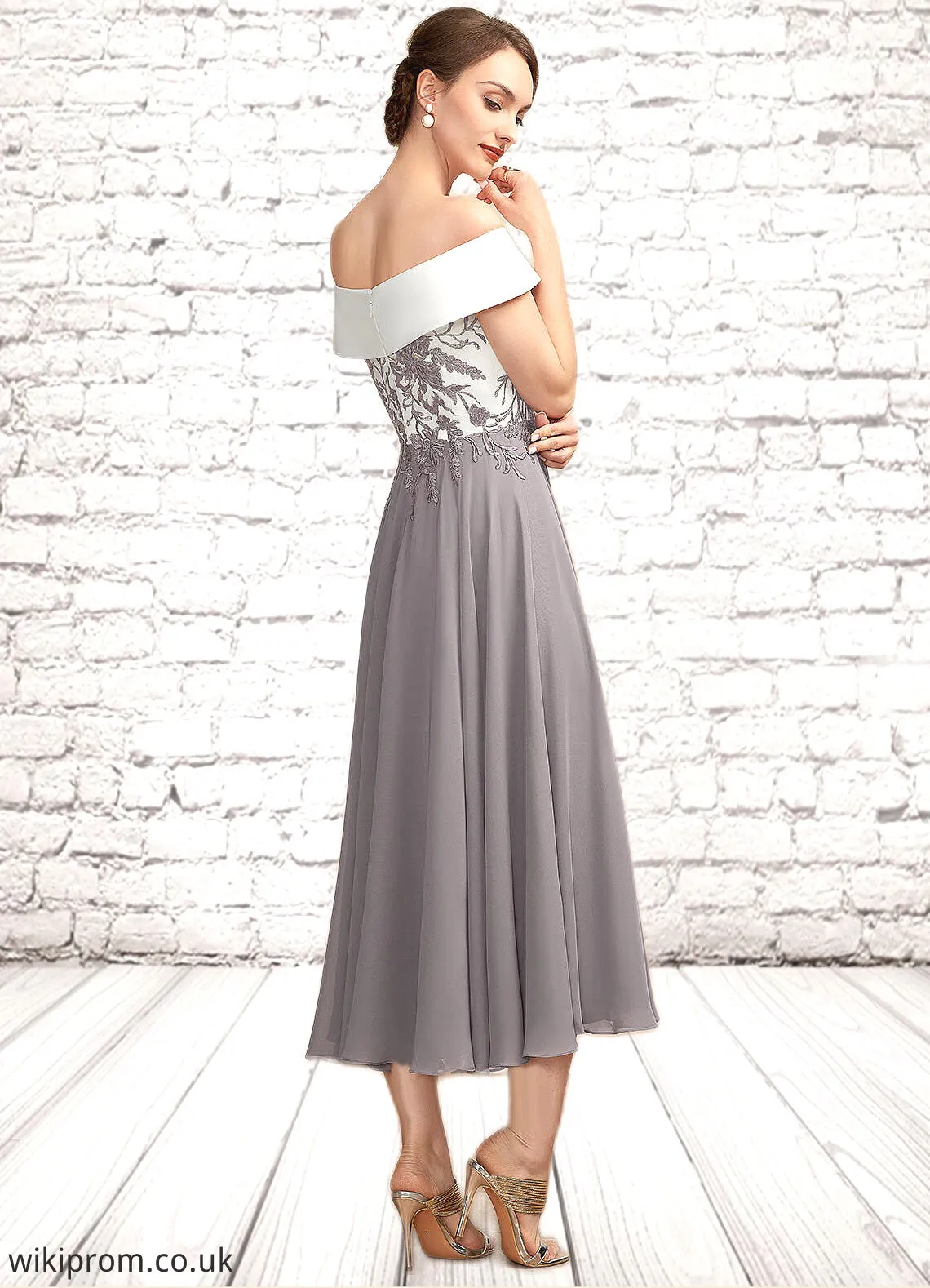Esther A-Line Off-the-Shoulder Tea-Length Chiffon Lace Mother of the Bride Dress SWK126P0014680