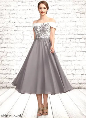 Esther A-Line Off-the-Shoulder Tea-Length Chiffon Lace Mother of the Bride Dress SWK126P0014680
