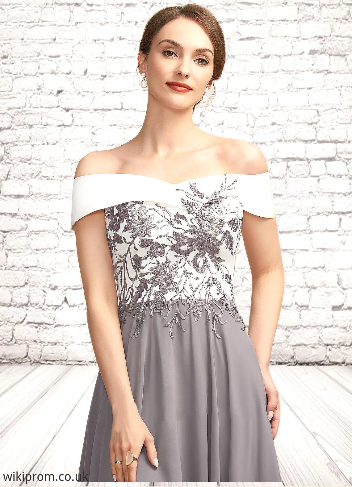 Esther A-Line Off-the-Shoulder Tea-Length Chiffon Lace Mother of the Bride Dress SWK126P0014680