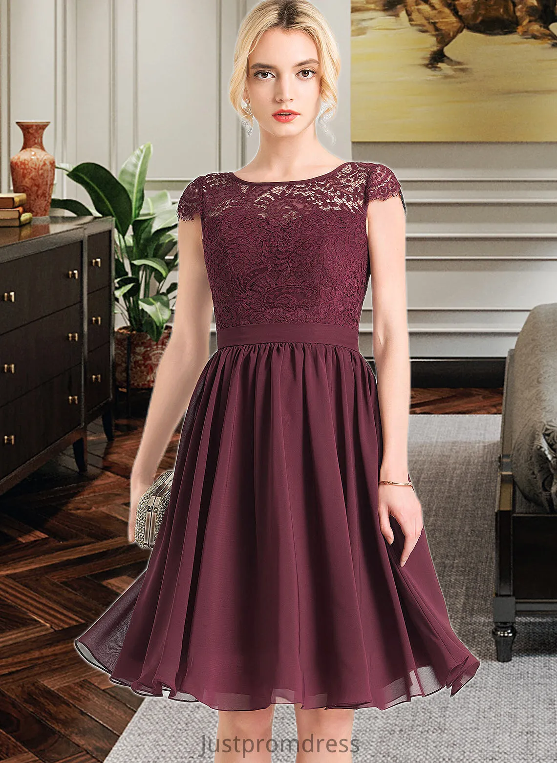 Fiona A-Line Scoop Neck Knee-Length Chiffon Bridesmaid Dress HHP0012869