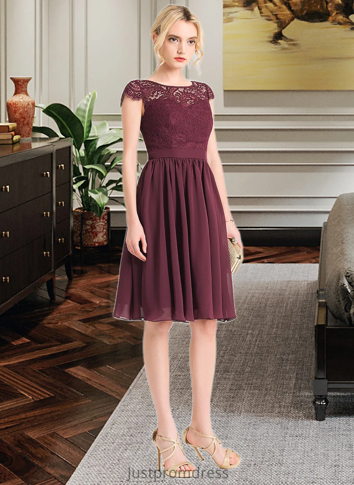 Fiona A-Line Scoop Neck Knee-Length Chiffon Bridesmaid Dress HHP0012869