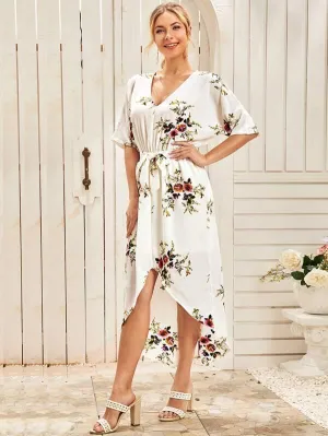 Floral Print Asymmetrical Hem Belted Dress
