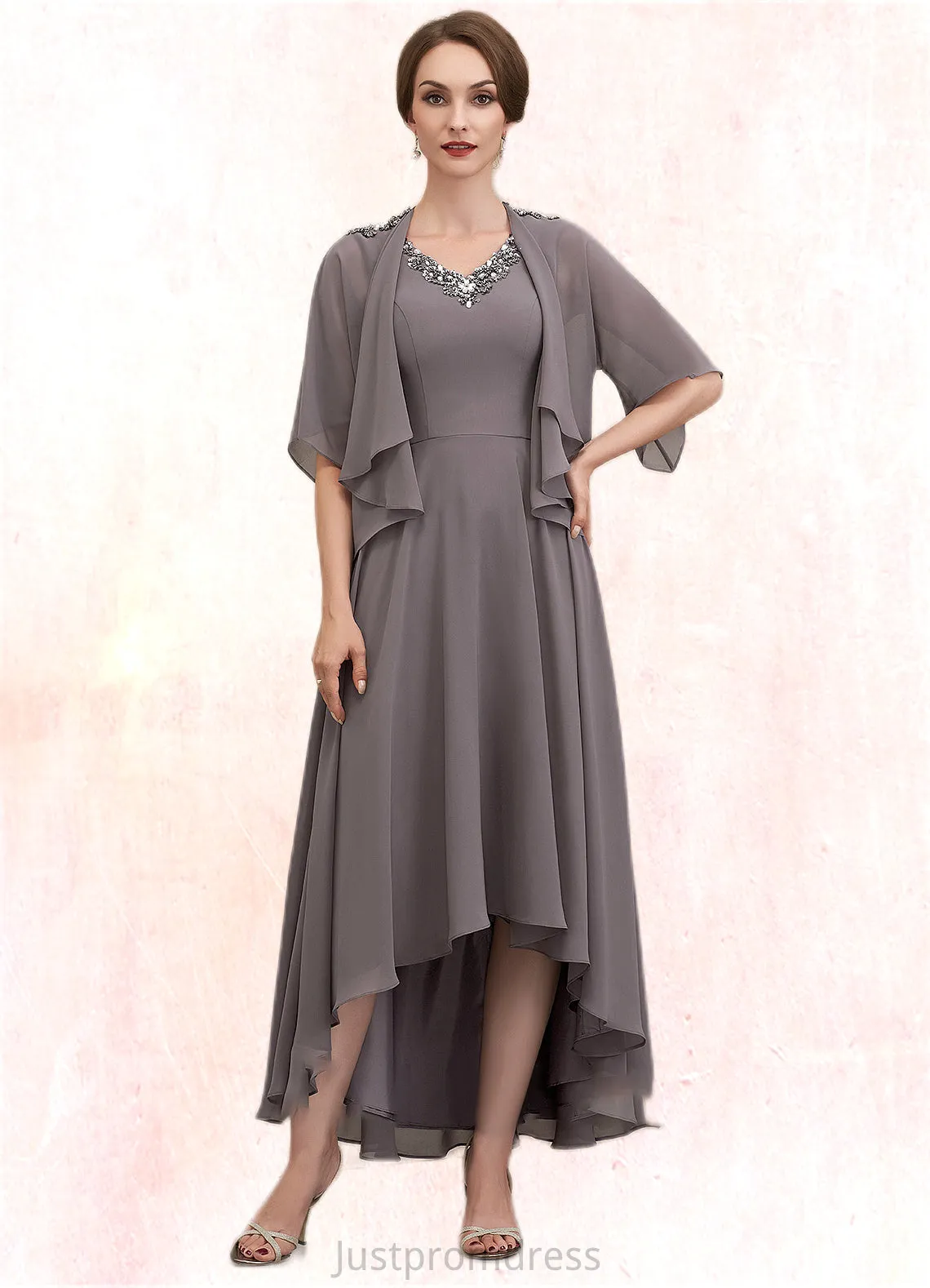 Giuliana A-line V-Neck Asymmetrical Chiffon Mother of the Bride Dress With Beading Sequins HH126P0014656