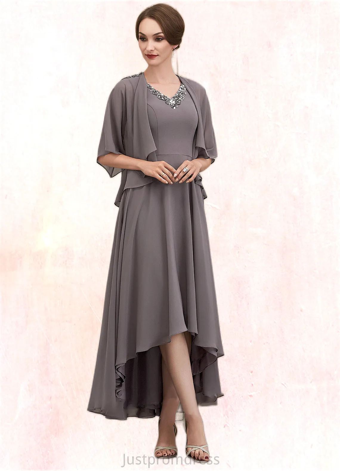 Giuliana A-line V-Neck Asymmetrical Chiffon Mother of the Bride Dress With Beading Sequins HH126P0014656