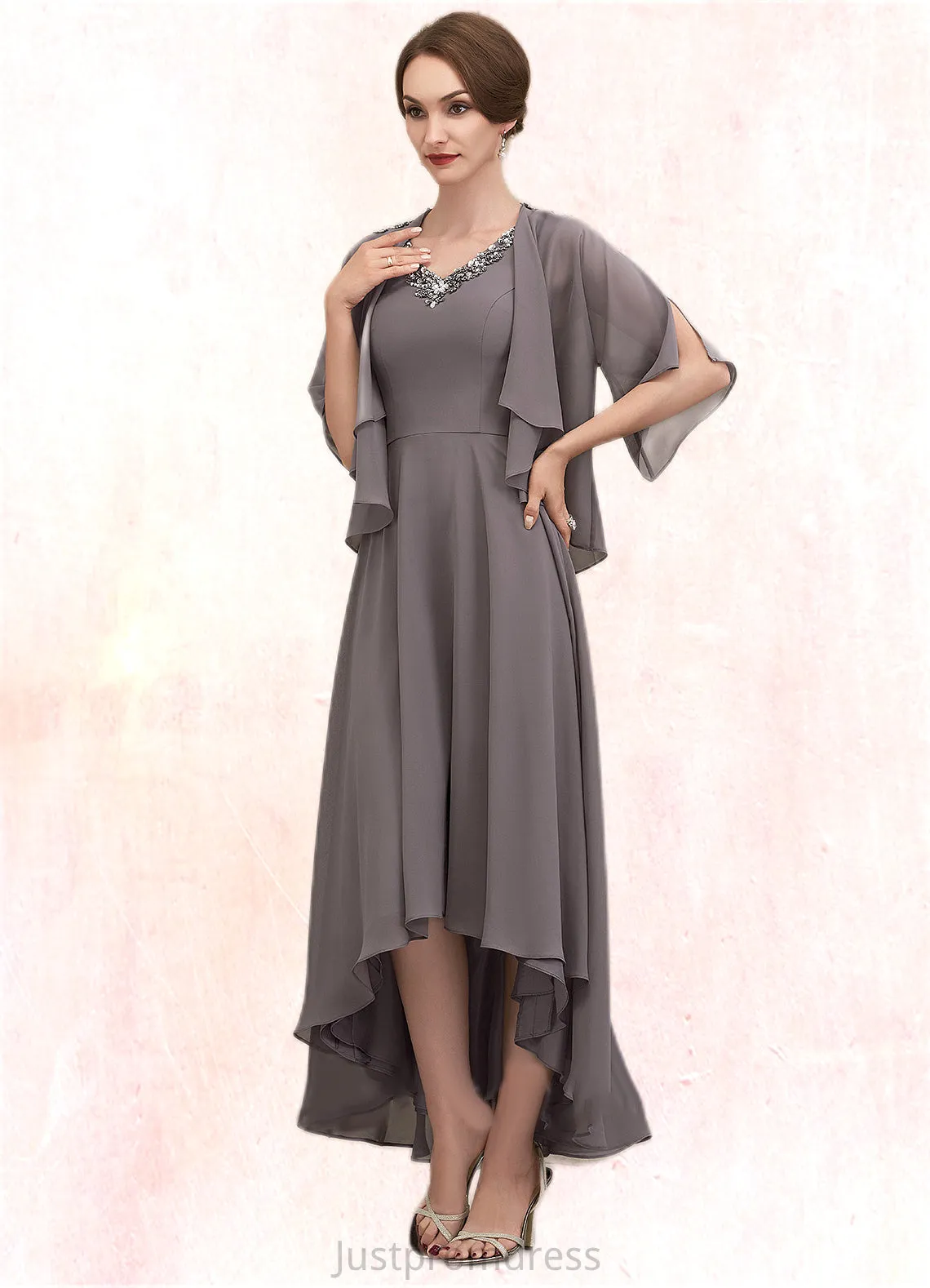 Giuliana A-line V-Neck Asymmetrical Chiffon Mother of the Bride Dress With Beading Sequins HH126P0014656