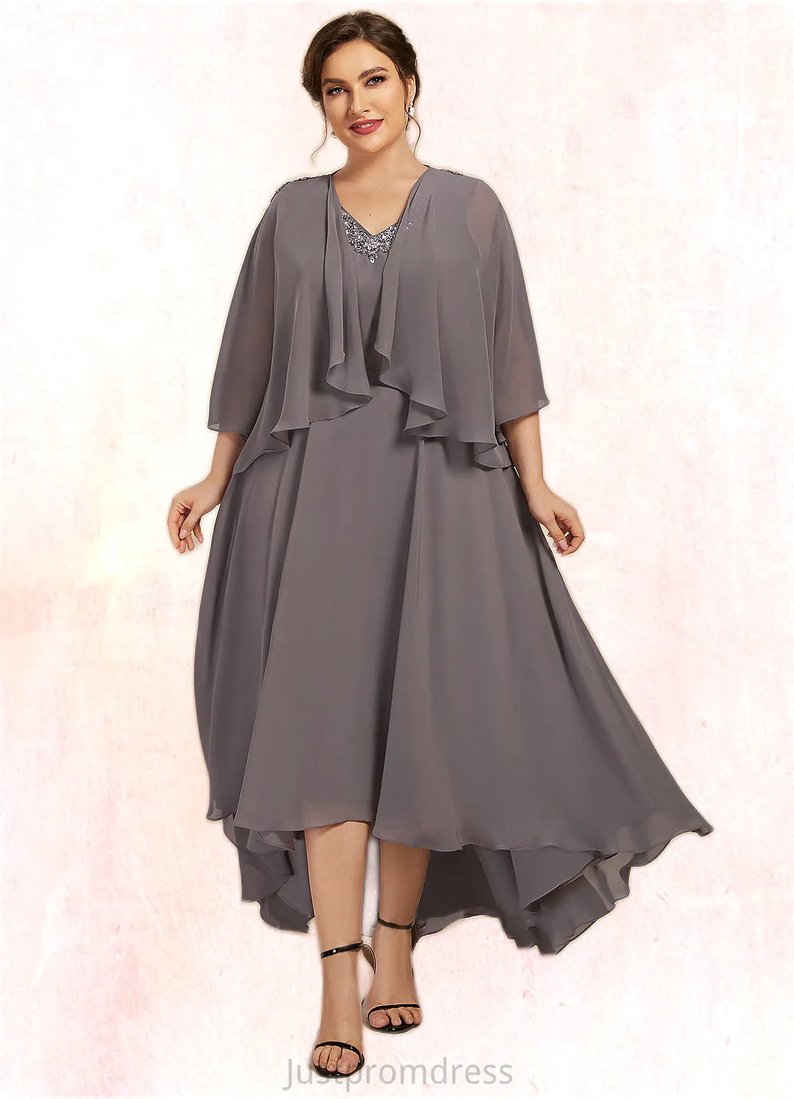 Giuliana A-line V-Neck Asymmetrical Chiffon Mother of the Bride Dress With Beading Sequins HH126P0014656