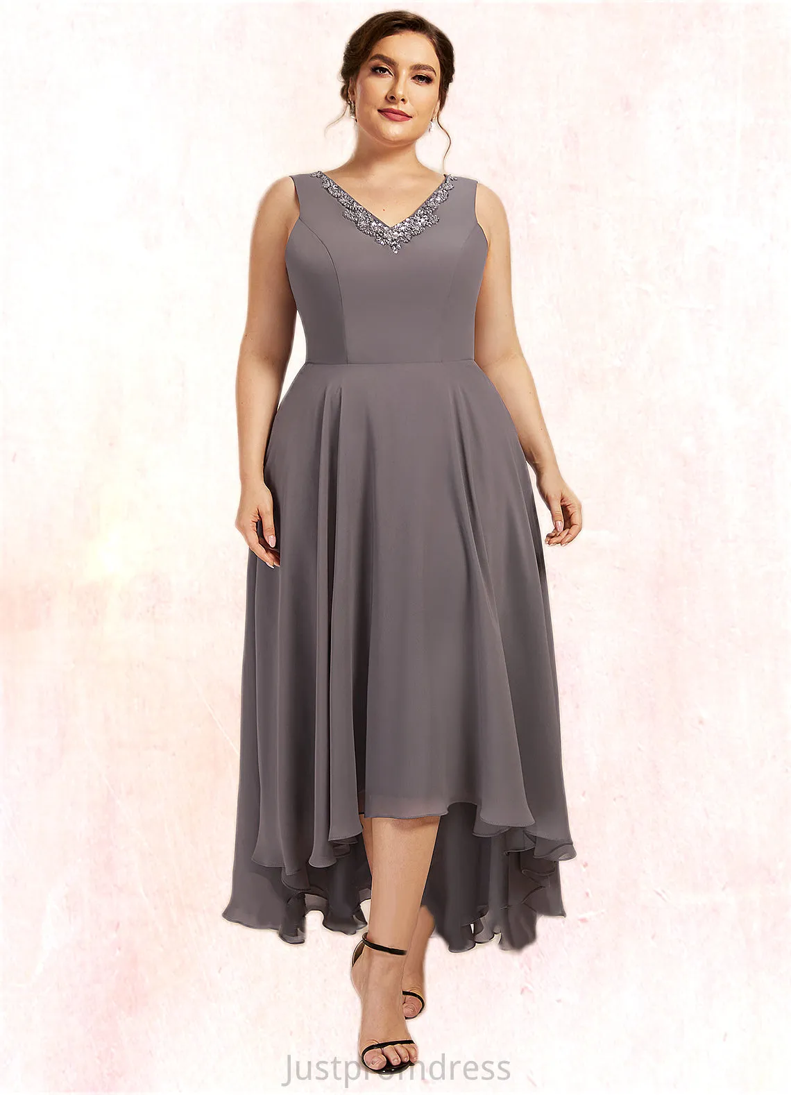 Giuliana A-line V-Neck Asymmetrical Chiffon Mother of the Bride Dress With Beading Sequins HH126P0014656