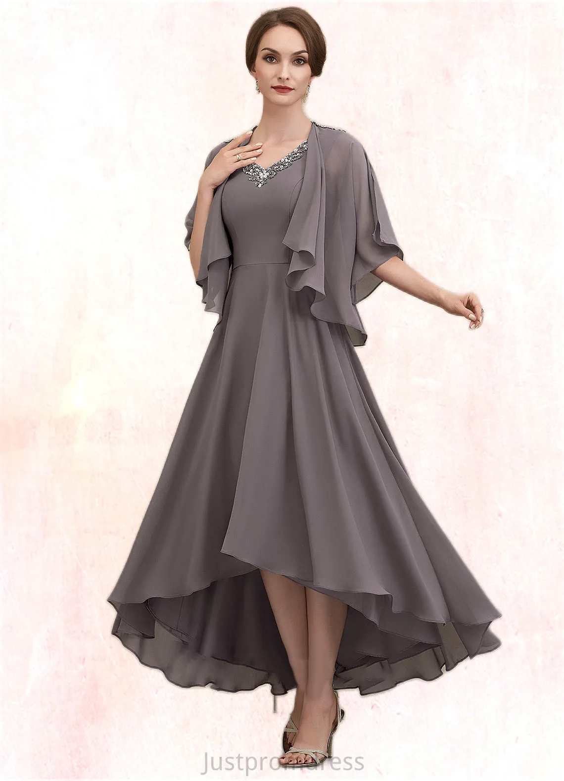 Giuliana A-line V-Neck Asymmetrical Chiffon Mother of the Bride Dress With Beading Sequins HH126P0014656