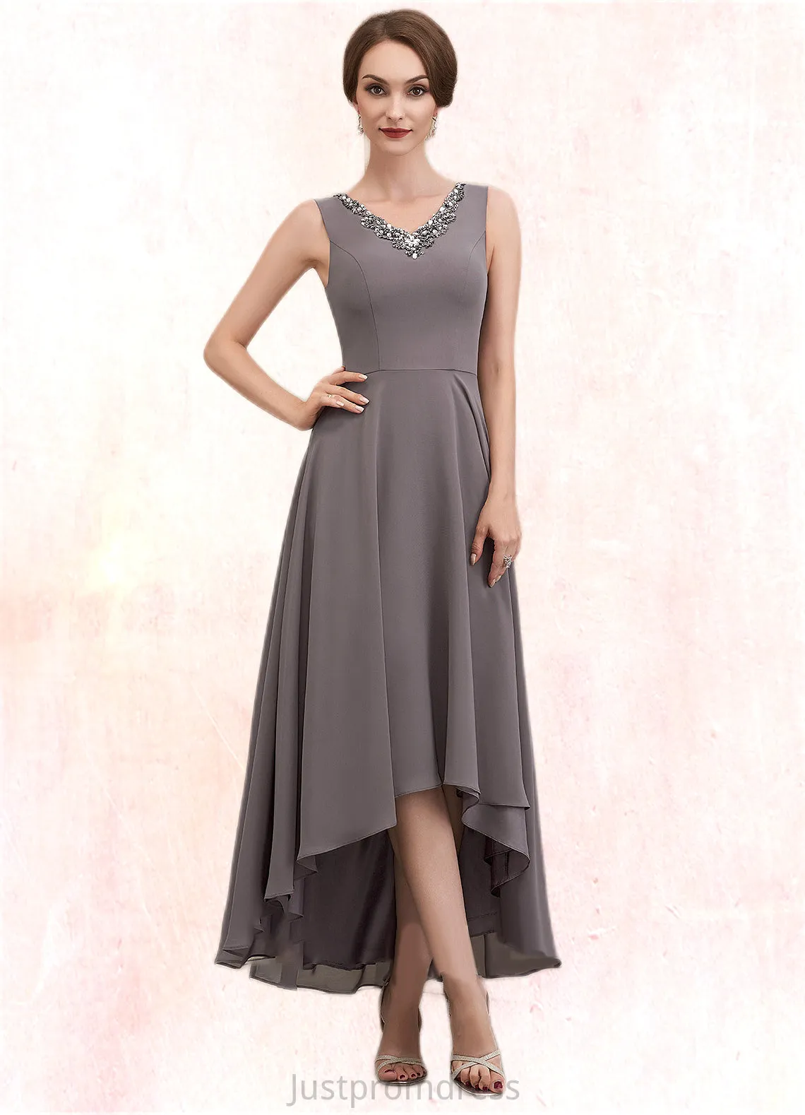 Giuliana A-line V-Neck Asymmetrical Chiffon Mother of the Bride Dress With Beading Sequins HH126P0014656
