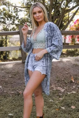 Grey Floral Print Duster Kimono