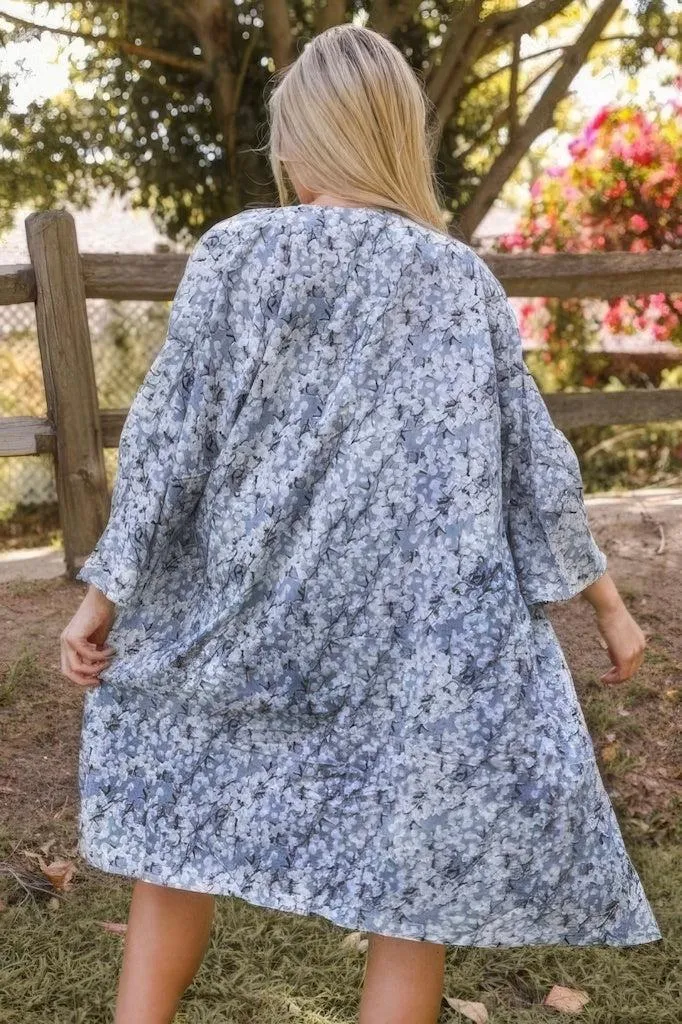 Grey Floral Print Duster Kimono