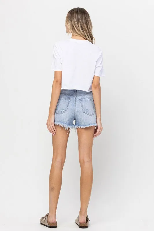 Here You Are Light Wash Distressed Denim Shorts