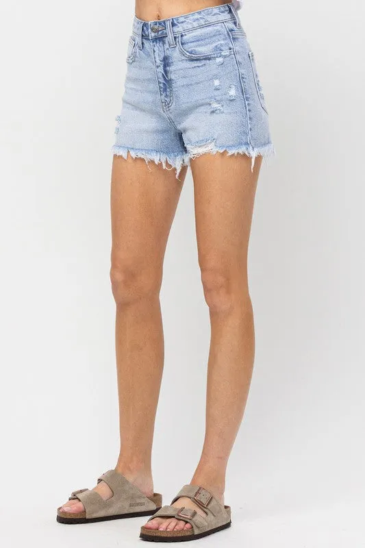 Here You Are Light Wash Distressed Denim Shorts