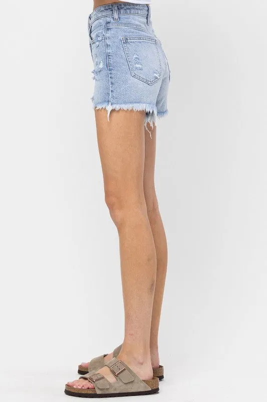 Here You Are Light Wash Distressed Denim Shorts