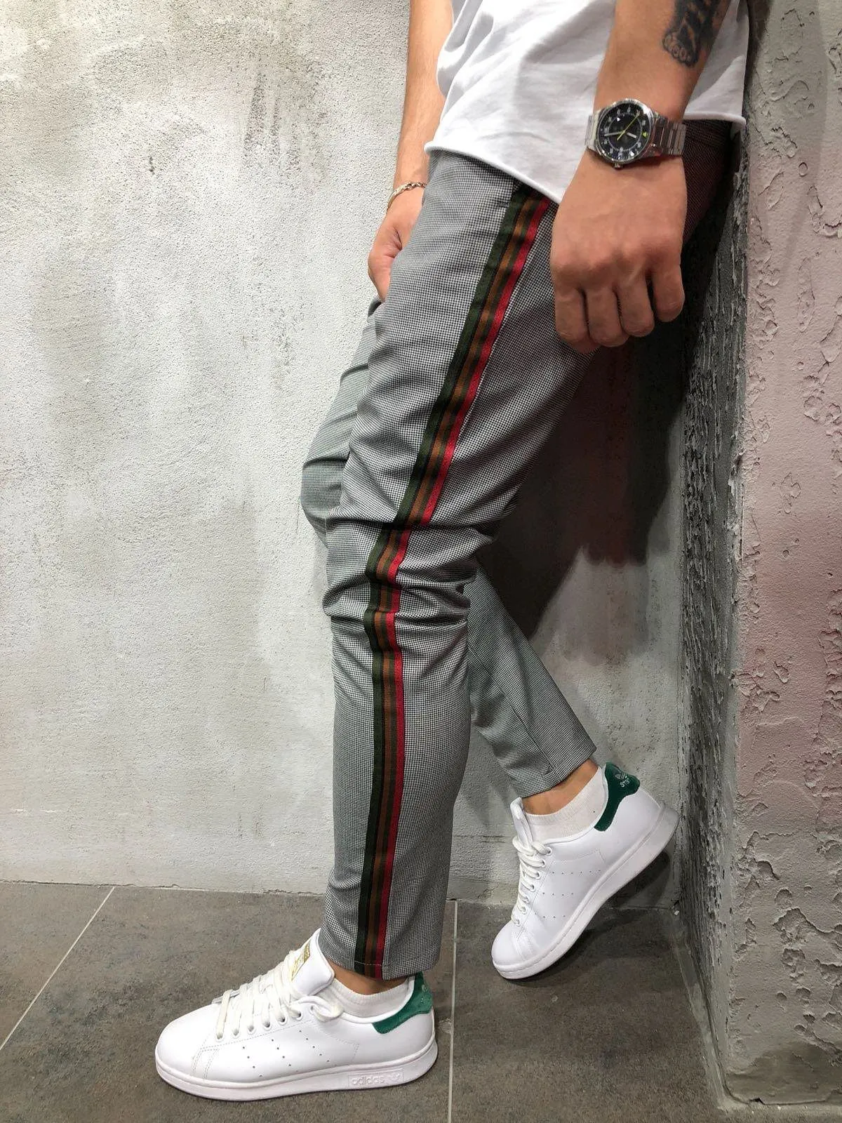 Herringbone Ankle Pants Side Stripes - Gray