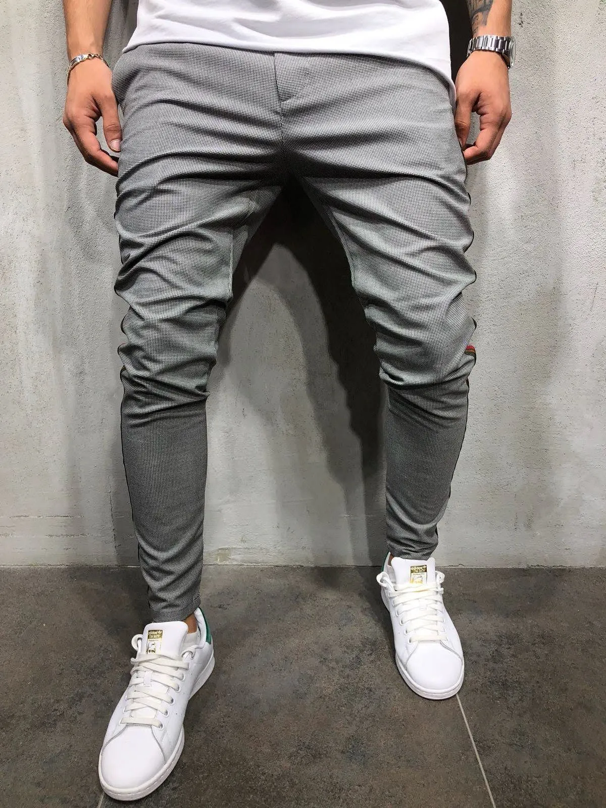 Herringbone Ankle Pants Side Stripes - Gray