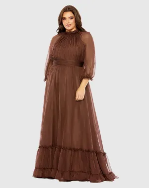High Neck Puff Sleeve Tiered A Line Gown